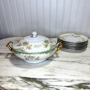Vintage Noritake Round Covered Vegetable Bowl w Six Matching Plates Japan